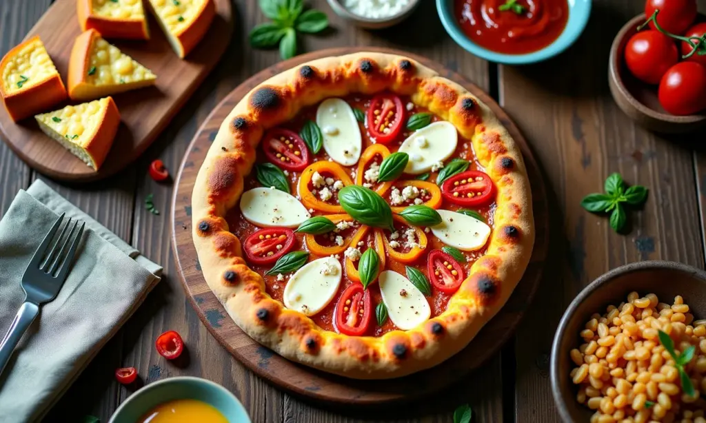 Pizza apetitosa com ingredientes variados em mesa de madeira rústica.