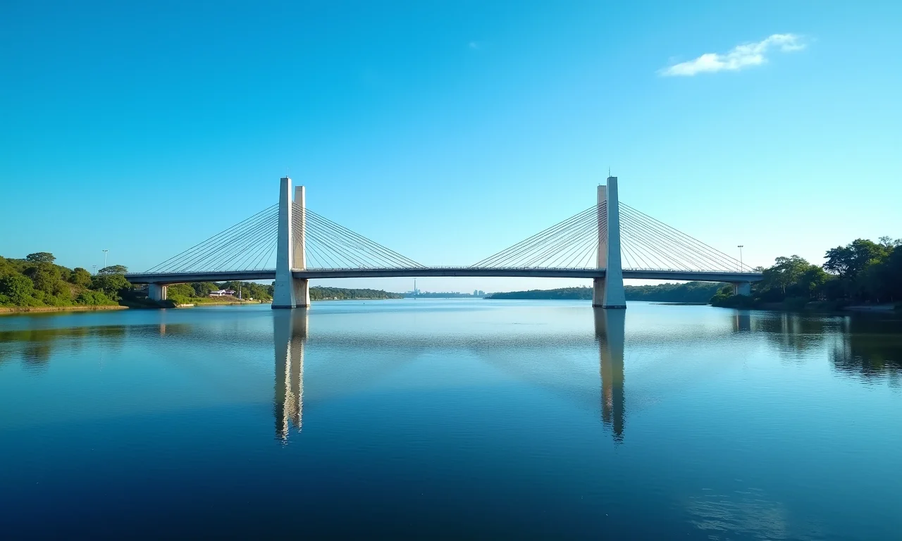 Ponte da Amizade e da Integração em Palmas, atravessando o lago com céu azul.