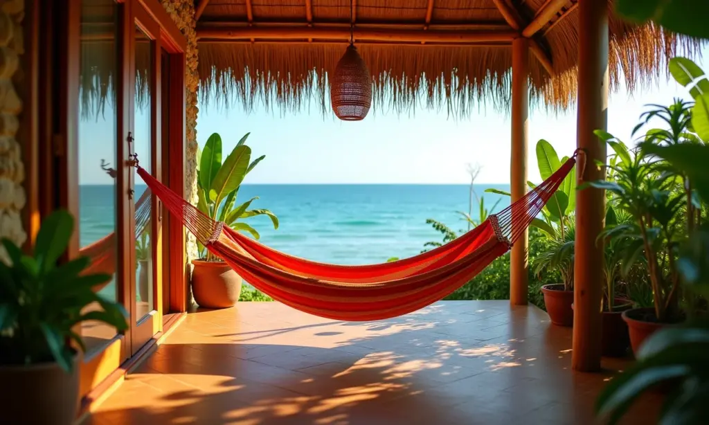 Pousada charmosa no Nordeste com vista para o mar e decoração vibrante.