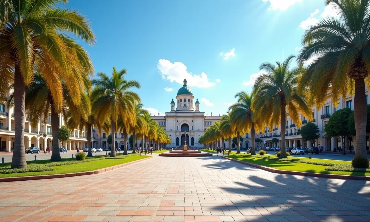 Praça dos Girassóis em Palmas, com o Palácio Araguaia ao fundo em dia ensolarado.