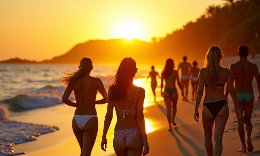 Praia de nudismo no Brasil com pessoas diversas aproveitando o sol.