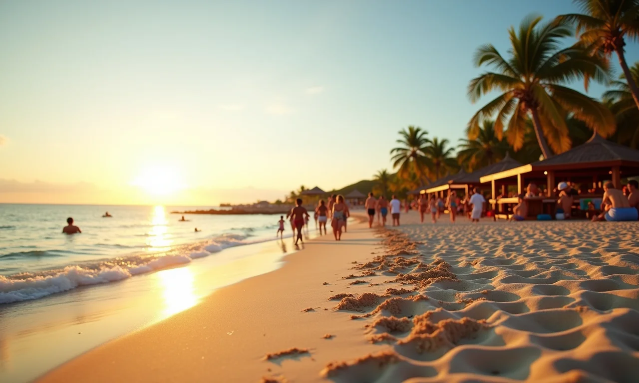 Praia movimentada em Porto Seguro, Bahia, com pessoas aproveitando o sol e a badalação.