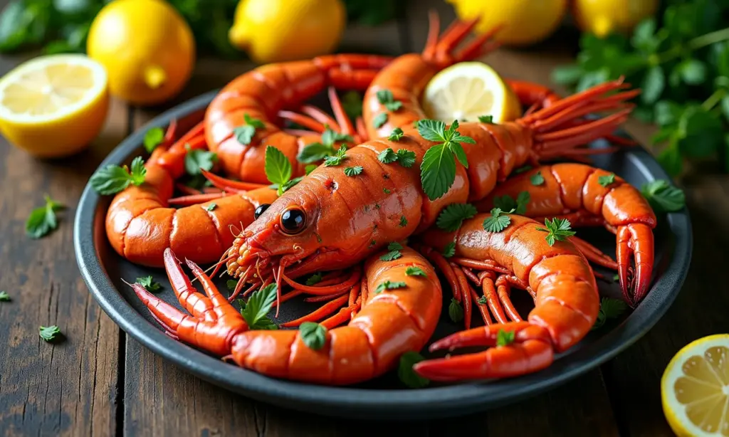 Prato de frutos do mar com berbigão fresco, limões e ervas finas.