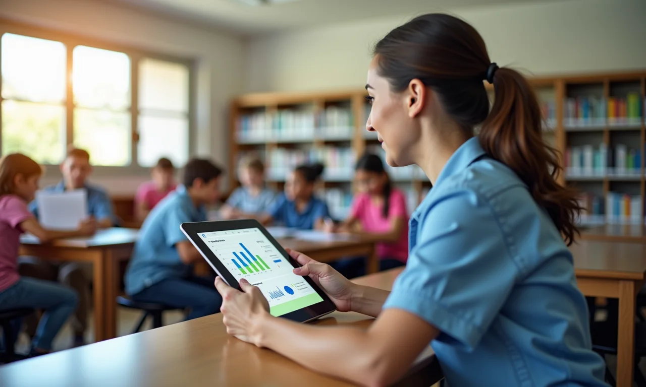 Professora analisando dados de desempenho dos alunos em tablet, representando o acompanhamento e avaliação do programa.