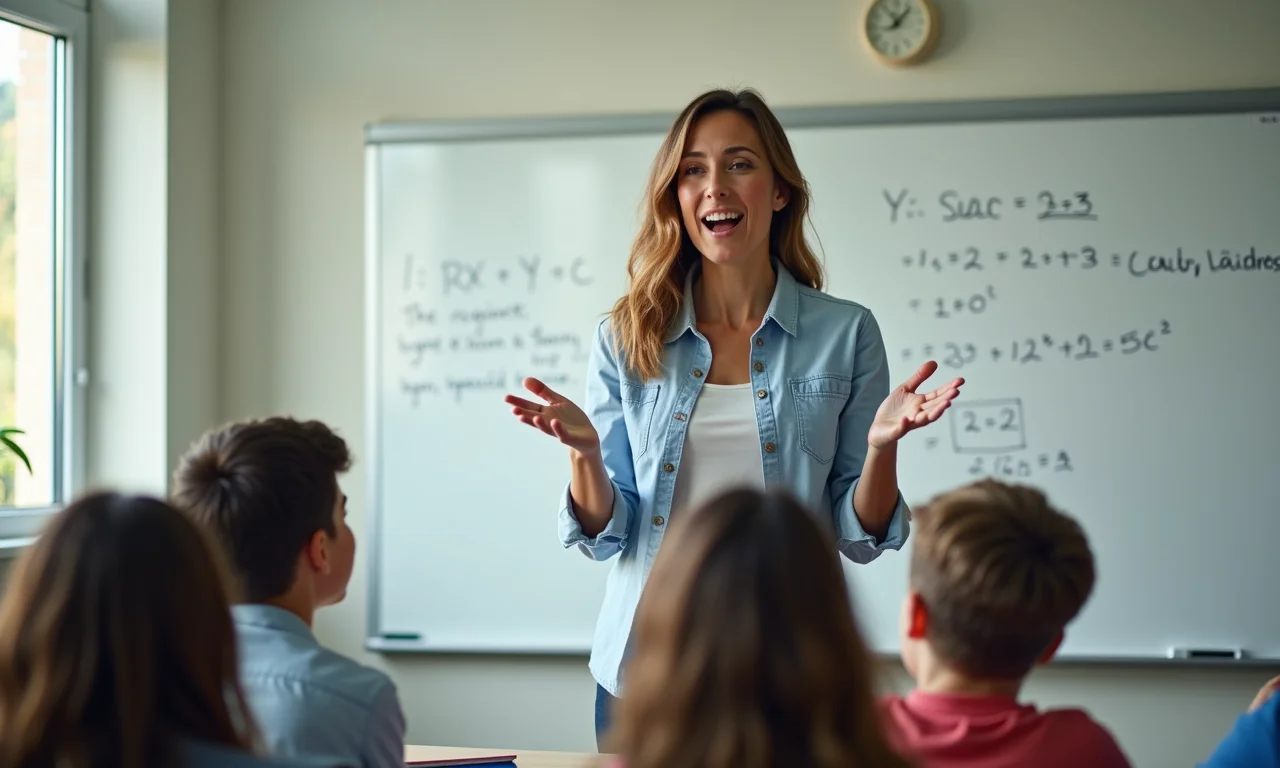Professora explicando a lição em sala de aula de escola particular, mostrando metodologias e resultados.