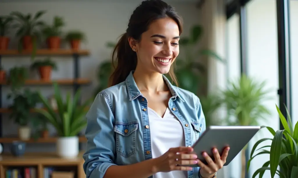 Professora sorrindo, analisando gráficos financeiros em tablet, em apartamento decorado com estilo brasileiro.