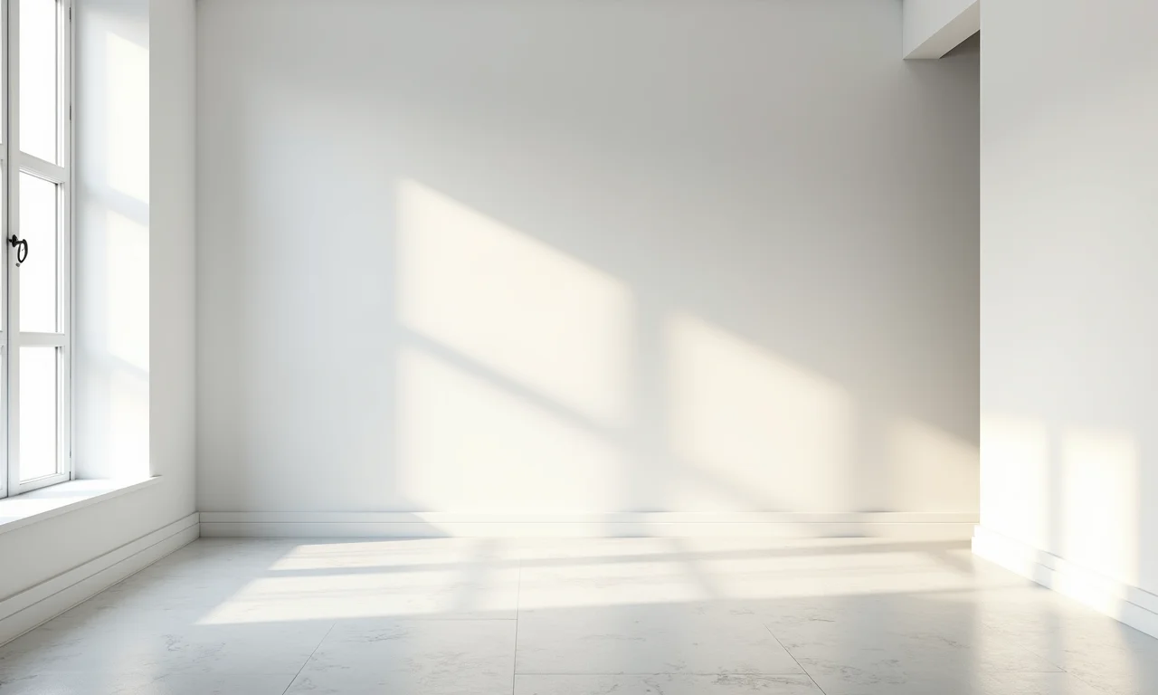 Quarto branco com diferentes tons de branco e iluminação suave.