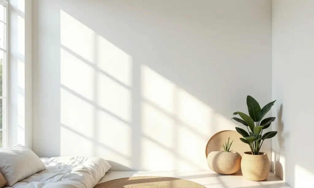 Decoração de Quarto Branco: 20 Ideias Para Não Errar Quarto branco minimalista com texturas naturais e iluminação suave.