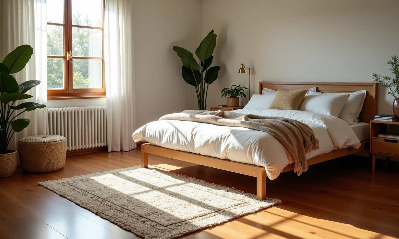 Quarto com guia de posicionamento de tapete ao lado da cama.