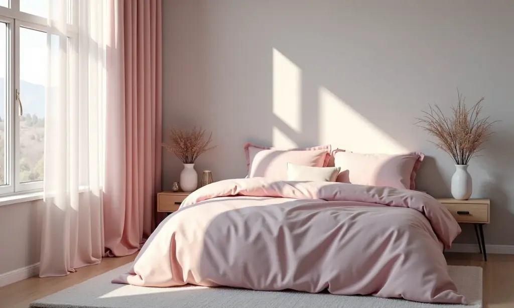 Quarto Cinza e Rosa: 20 Ideias de Decoração Delicada Quarto decorado em tons de cinza e rosa, com iluminação natural e texturas aconchegantes.