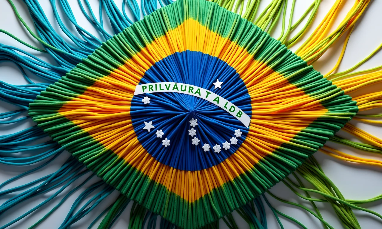 Representação abstrata dos princípios da LDB com fios coloridos formando a bandeira do Brasil.