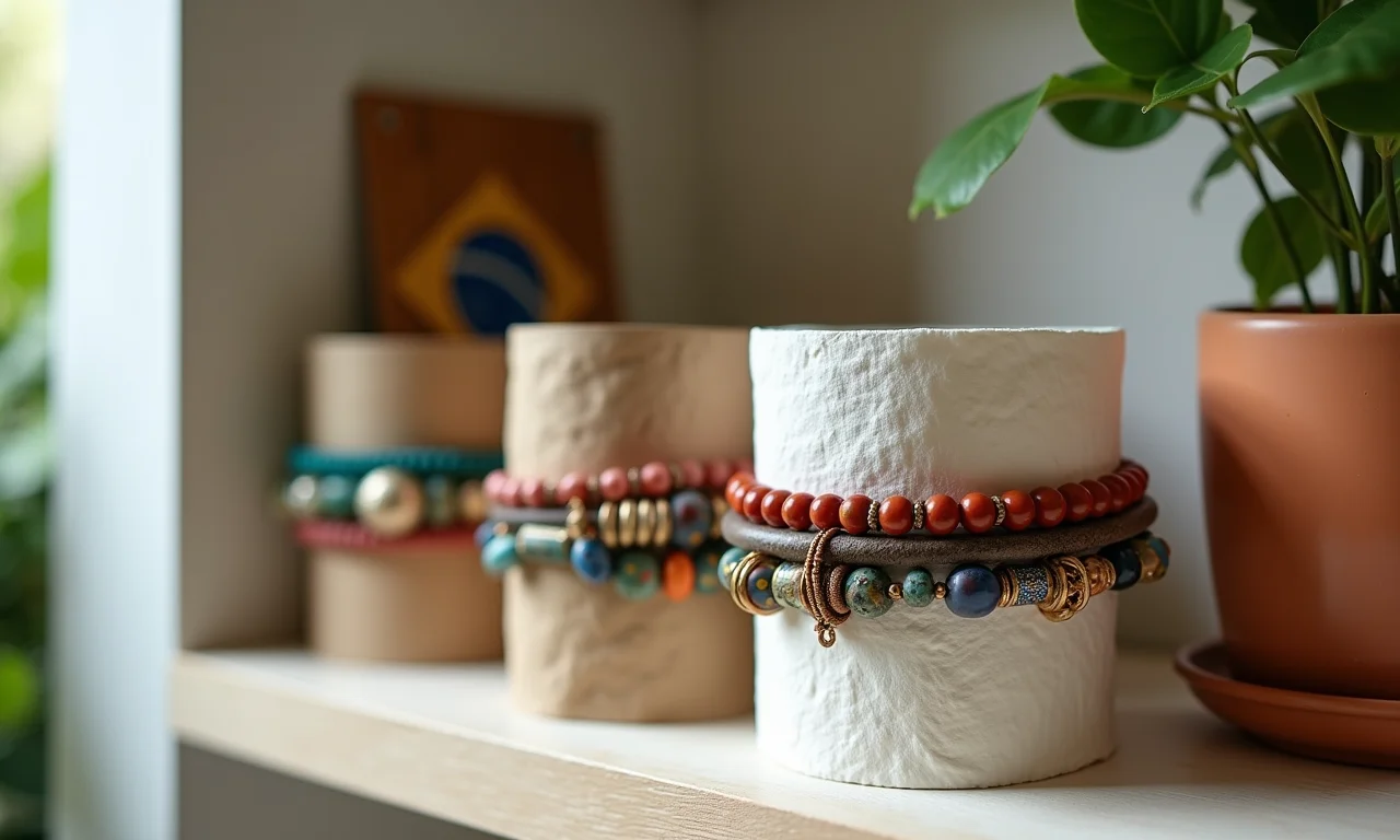 Rolos de papel higiênico usados para organizar pulseiras.