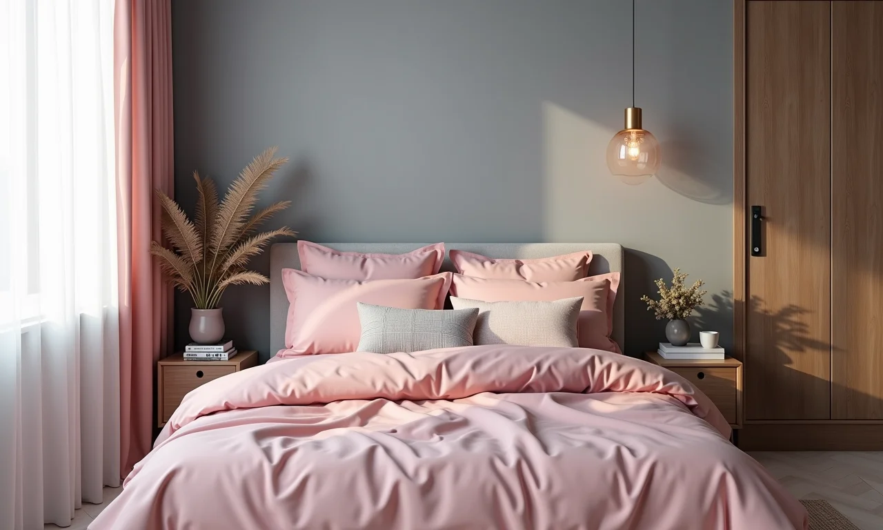 Roupa de cama rosa em um quarto cinza, criando um ambiente suave e convidativo.