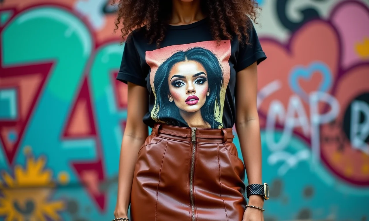 Saia de couro marrom com t-shirt estampada: um toque de modernidade.