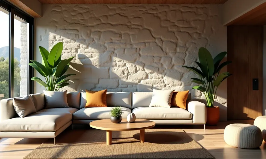 Sala aconchegante com parede de pedra natural e decoração brasileira.