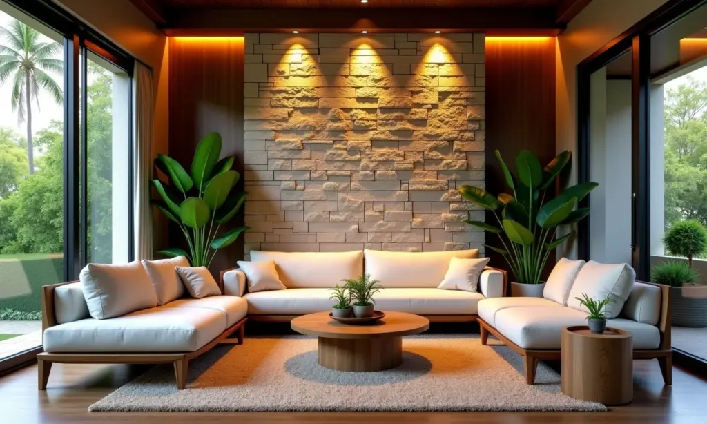 Sala de estar aconchegante com parede de pedra e decoração vibrante.
