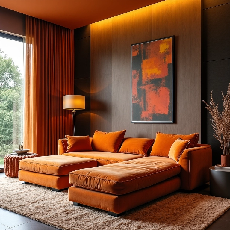 Sala de estar elegante com sofá retrátil e elementos de design brasileiro.
