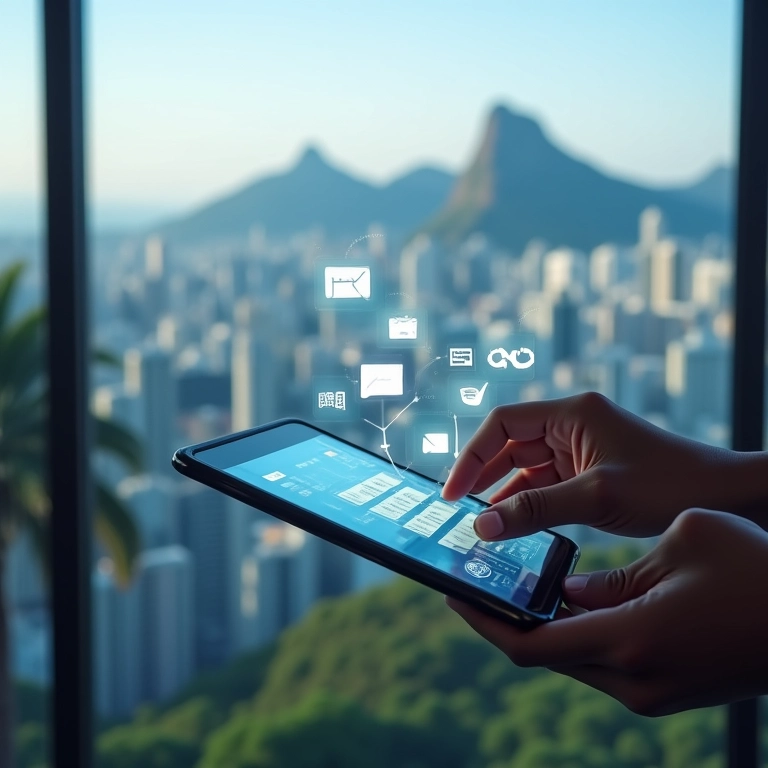 Seleção de canais de marketing digital em tablet com vista para o Rio.