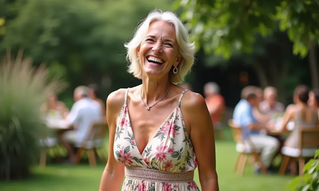 Senhora elegante sorrindo em festa, vestindo vestido de verão leve e confortável.