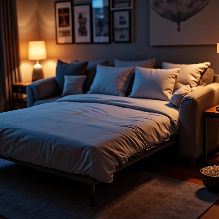 Sofá retrátil se transformando em cama, ambiente preparado para noite de cinema.