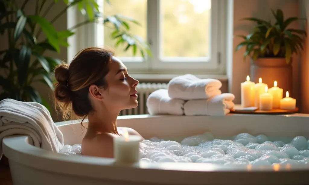 Spa em casa aconchegante com luz natural e mulher relaxando.