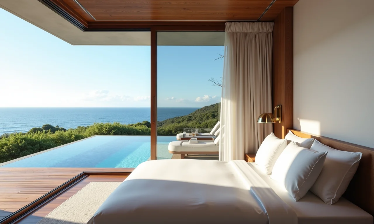 Suíte da Pousada Amansati com piscina privativa e vista para o mar.