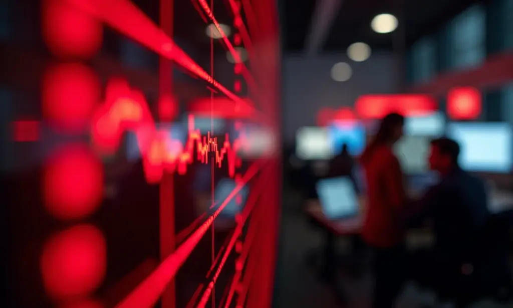 Circuit Breaker: O que Acontece Quando a Bolsa Para Tela de cotações da bolsa de valores congelada, com luz vermelha e expressão de preocupação em traders.