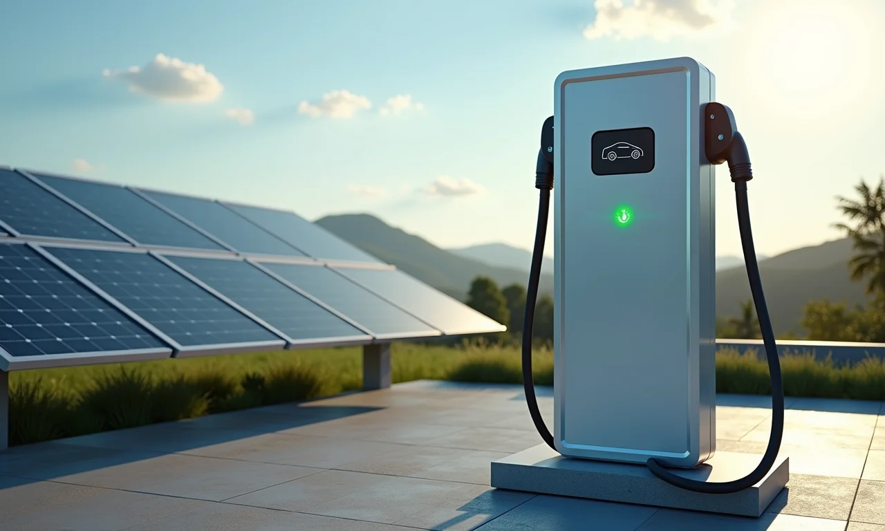 Veículo elétrico futurista carregando em estação com painéis solares em paisagem brasileira.