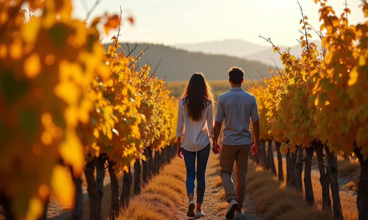 Vinhedo turco no outono com um casal brasileiro caminhando.