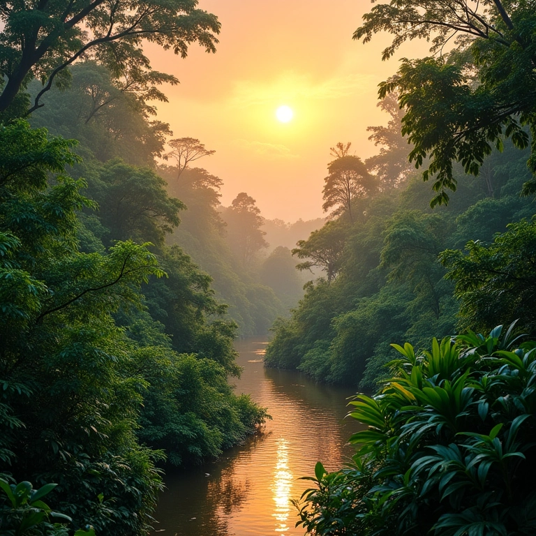 Animais da Amazônia: Guia de Espécies Visão aérea da floresta amazônica ao amanhecer, destacando a riqueza da biodiversidade.