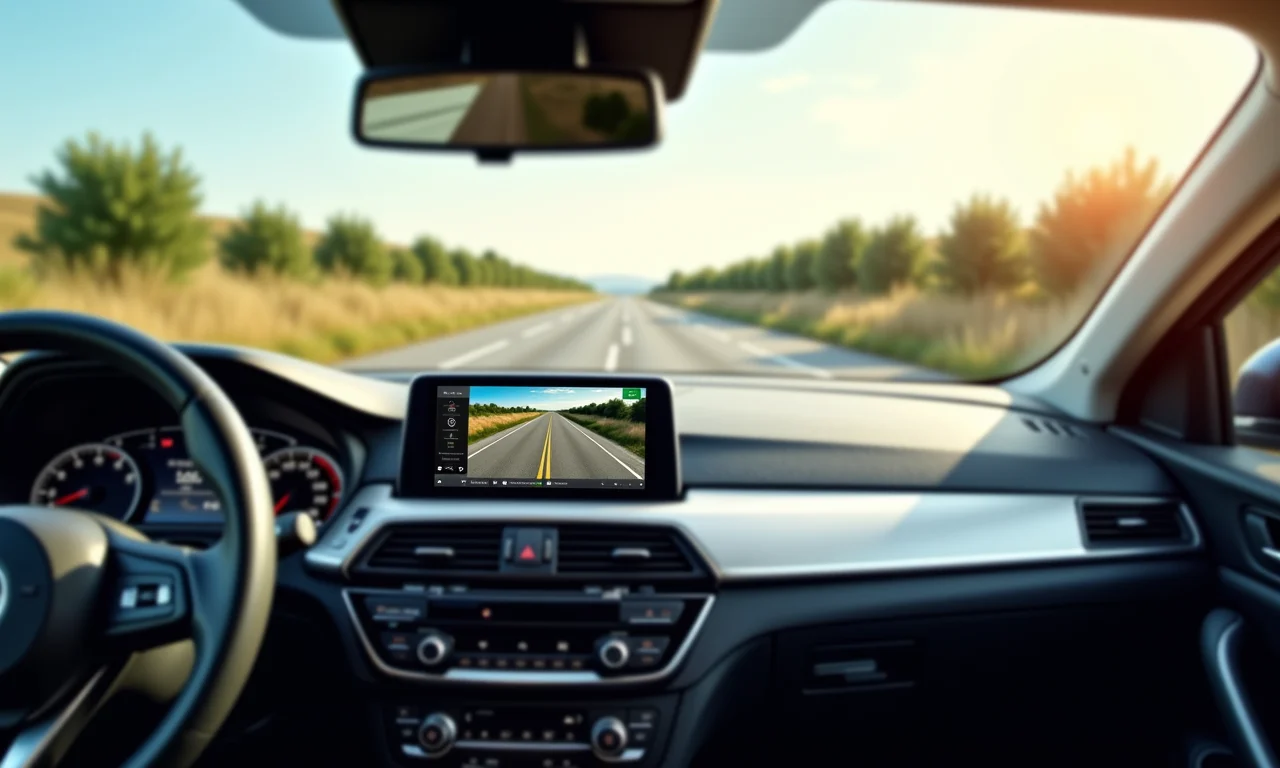Visão do painel de um carro com GPS mostrando condições da estrada em tempo real.