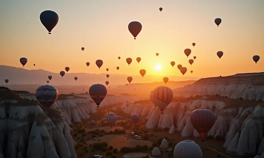 Vista aérea da Capadócia ao amanhecer com balões de ar quente.