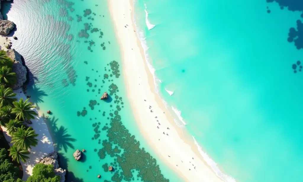 Vista aérea da costa da Bahia com praias paradisíacas.
