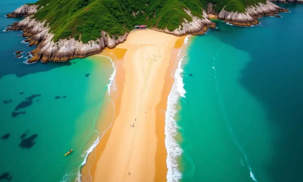 Vista aérea de uma praia brasileira vibrante com águas turquesa e areia dourada.