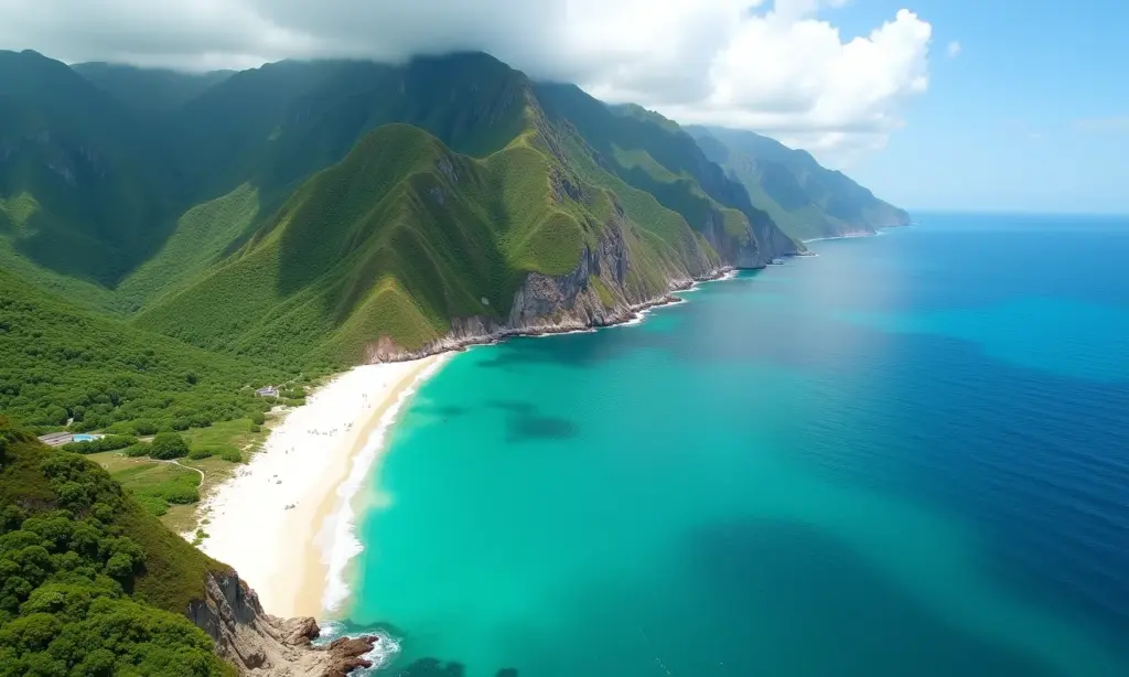 Vista aérea deslumbrante da costa de Santa Catarina com praias paradisíacas e natureza exuberante.