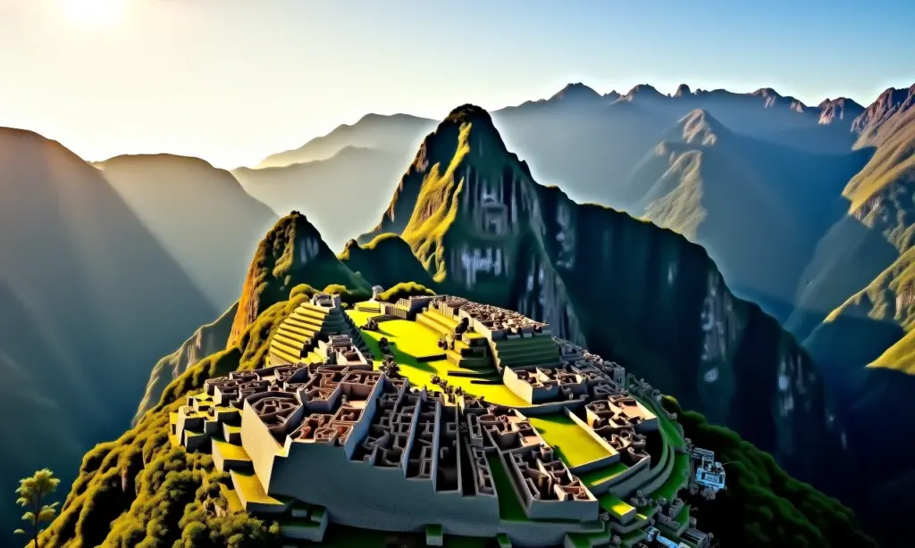 Vista aérea deslumbrante de Machu Picchu, Peru, sob a luz dourada do sol.