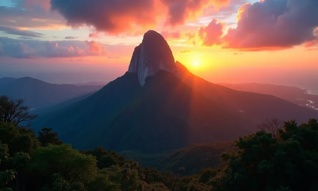 Vista deslumbrante da Pedra Azul ao pôr do sol, Espírito Santo.