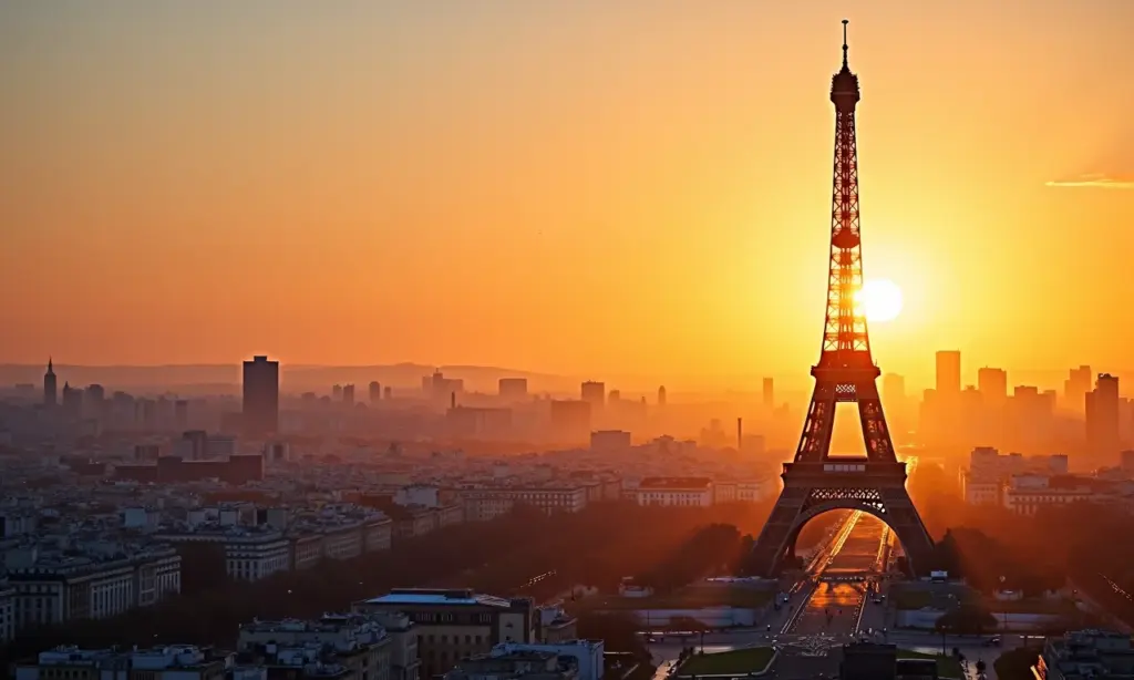 Vista deslumbrante da Torre Eiffel ao pôr do sol em Paris.