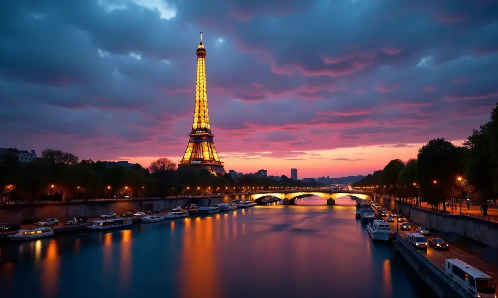 Paris Turismo: Fotos da Cidade Luz Vista deslumbrante da Torre Eiffel iluminada ao crepúsculo, refletida no rio Sena.