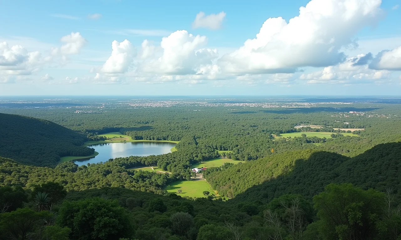 Vista panorâmica de Palmas, unindo elementos urbanos e paisagens naturais, como parques e lagos.
