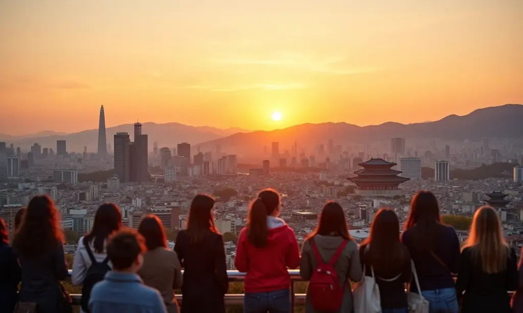 Seul Turismo: O que Fazer na Capital da Coreia do Sul Vista panorâmica de Seul ao pôr do sol, mostrando a mistura de modernidade e tradição.