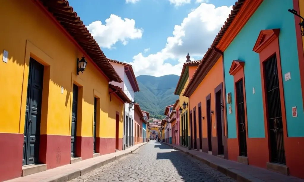 Vista vibrante do centro histórico de Quito, Equador.