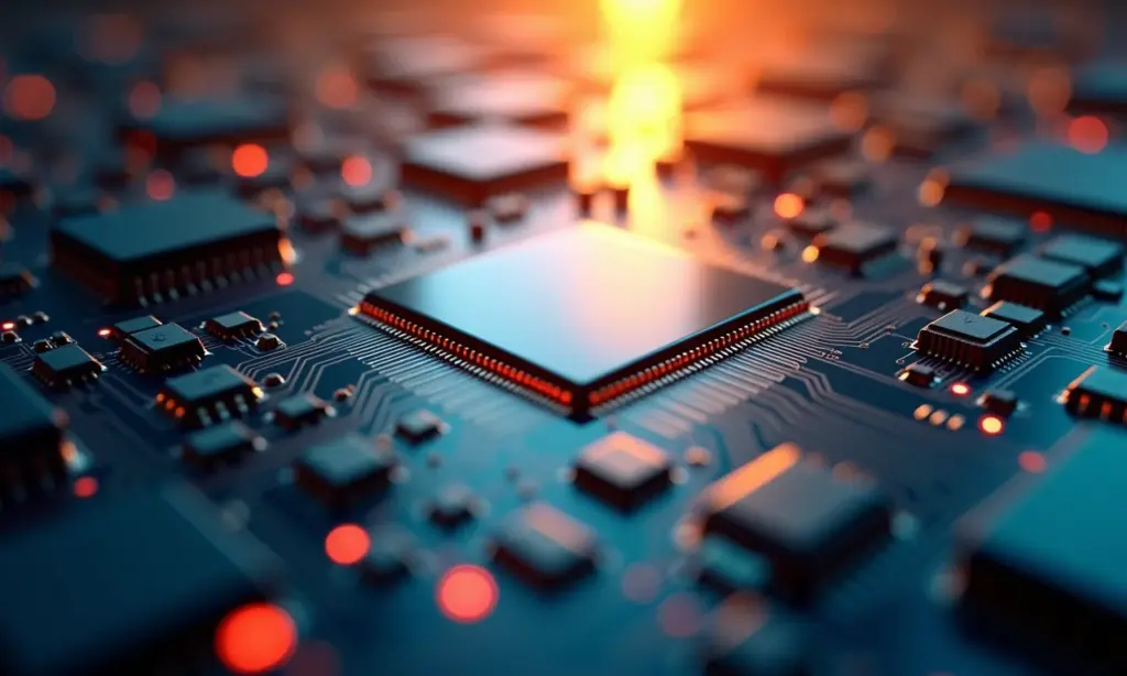 Semicondutores: Por que e Como Investir nesse Setor Chave Wafer de silício com circuitos complexos, representando a tecnologia de semicondutores.