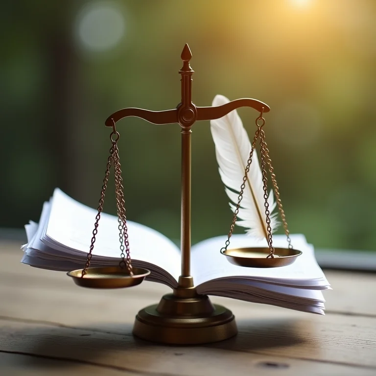 Balança da justiça com documentos legais e pena