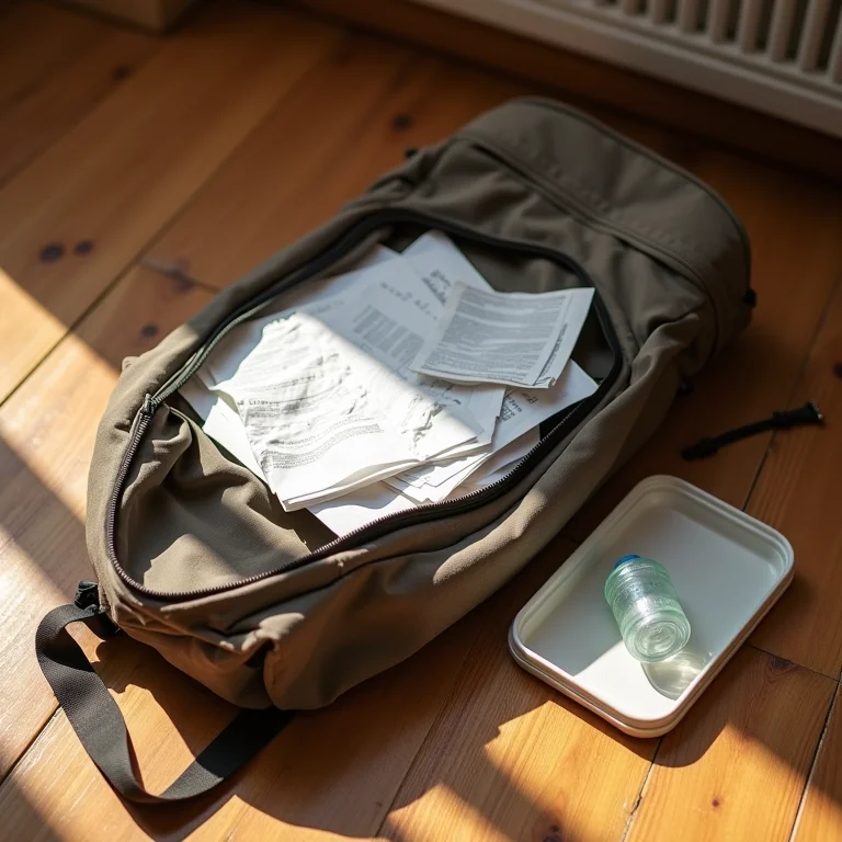 Bolsa desorganizada com itens escolares