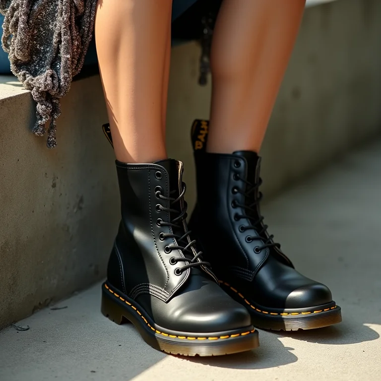 Botas Dr. Martens, shorts jeans e cropped de paetês