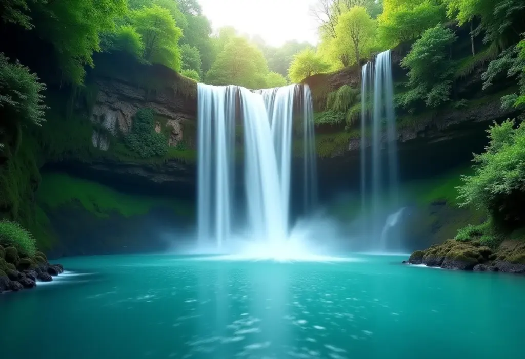 Cachoeira exuberante com água cristalina em meio à natureza