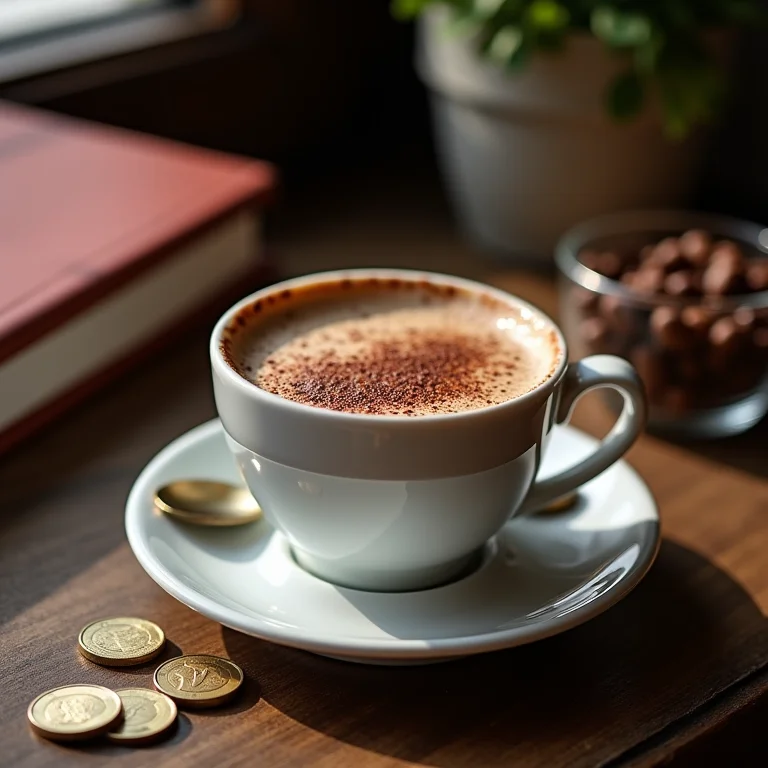 Café aconchegante com chocolate quente e dicas de viagem econômica na Espanha.