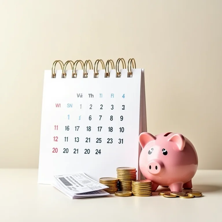Calendário, cofrinho cheio e passagem aérea, simbolizando economia ao reservar com antecedência.
