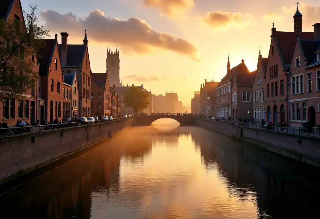 Canais de Bruges ao entardecer, Bélgica
